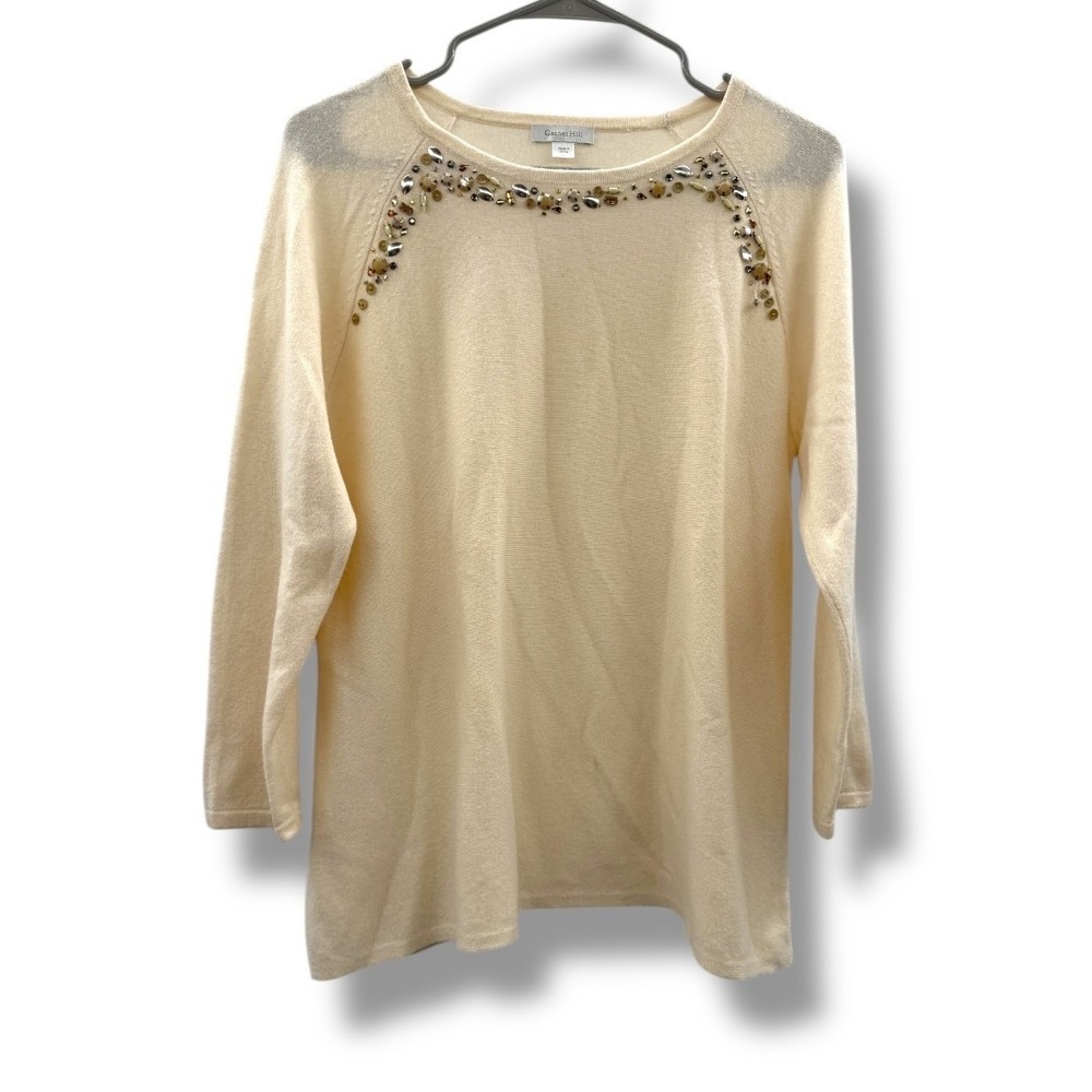 Garnet Hill Embellished Cashmere Sweater Women's Large Cream Soft Lightweight